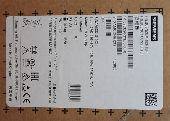 Poder avaliado de 6SL3220-2YE36-0UF0 Siemens 380-480 V SINAMICS G120X: 37 quilowatts em 110% 60s
