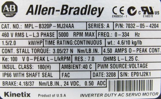 ALLEN-BRADLEY MPL-B320P-MJ22AA Kinetix MPL Servomotor de baixa inércia