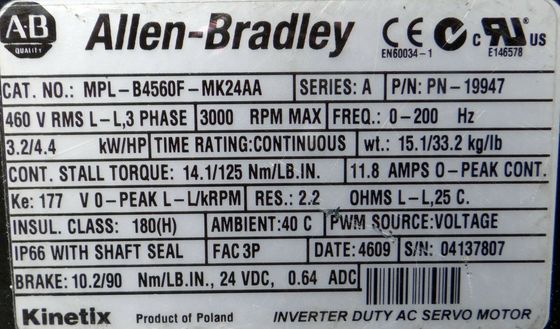 ALLEN-BRADLEY MPL-B4560F-MK24AA MPL-Série MPL 480V AC Servomotor rotativo