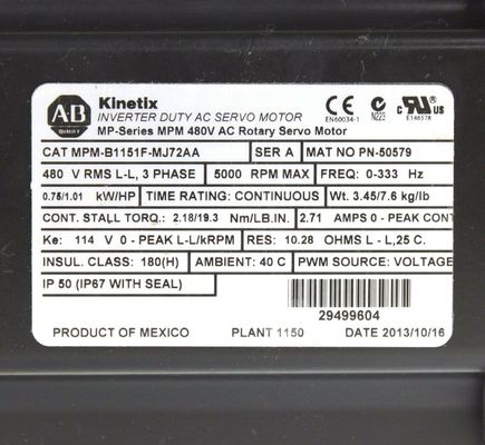 ALLEN-BRADLEY MPM-B1151F-MJ72AA MPM-Série MPM 480V AC Servomotor rotativo