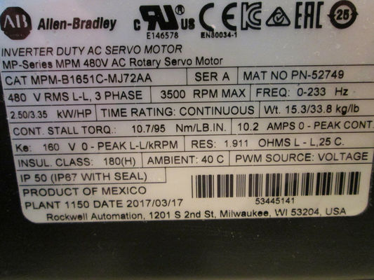 ALLEN-BRADLEY MPM-B1651C-MJ72AA MPM-Série MPM 480V AC Servomotor rotativo