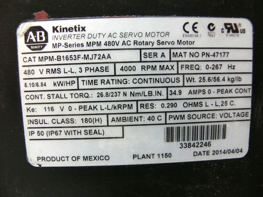 ALLEN-BRADLEY MPM-B1653F-MJ72AA MPM-Série MPM 480V AC Servomotor rotativo