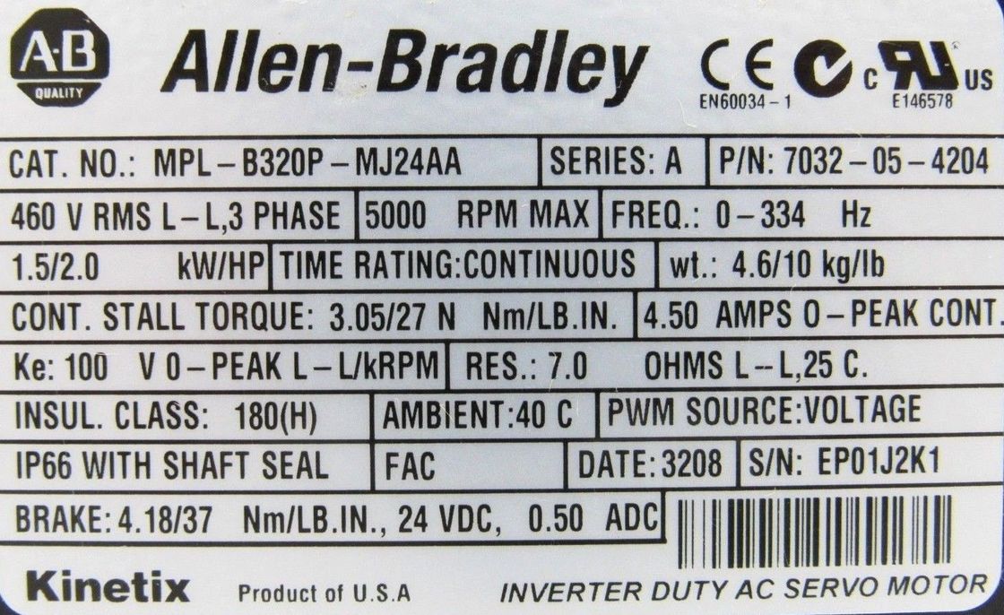 ALLEN-BRADLEY MPL-B320P-MJ24AA MPL-Série MPL 480V AC Servomotor rotativo