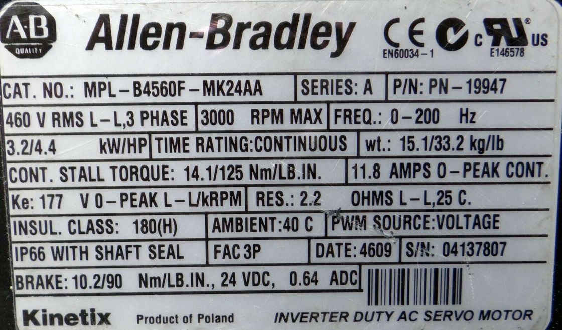 ALLEN-BRADLEY MPL-B4560F-MK24AA MPL-Série MPL 480V AC Servomotor rotativo