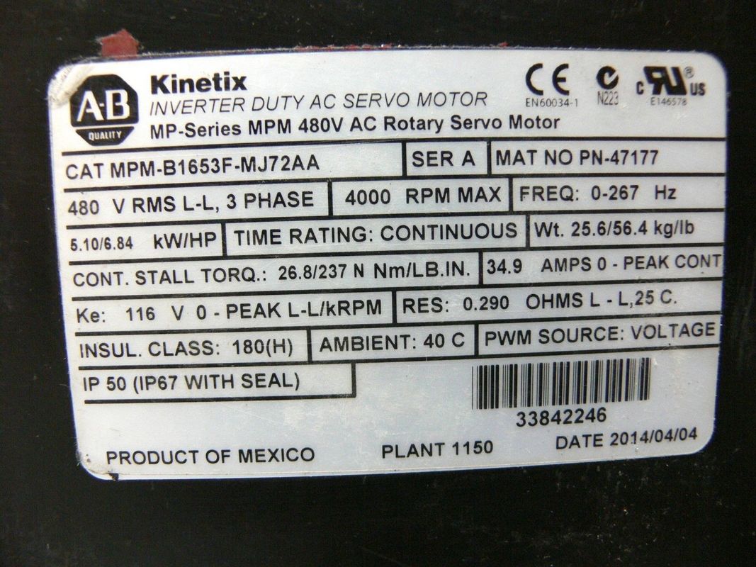 ALLEN-BRADLEY MPM-B1653F-MJ72AA MPM-Série MPM 480V AC Servomotor rotativo